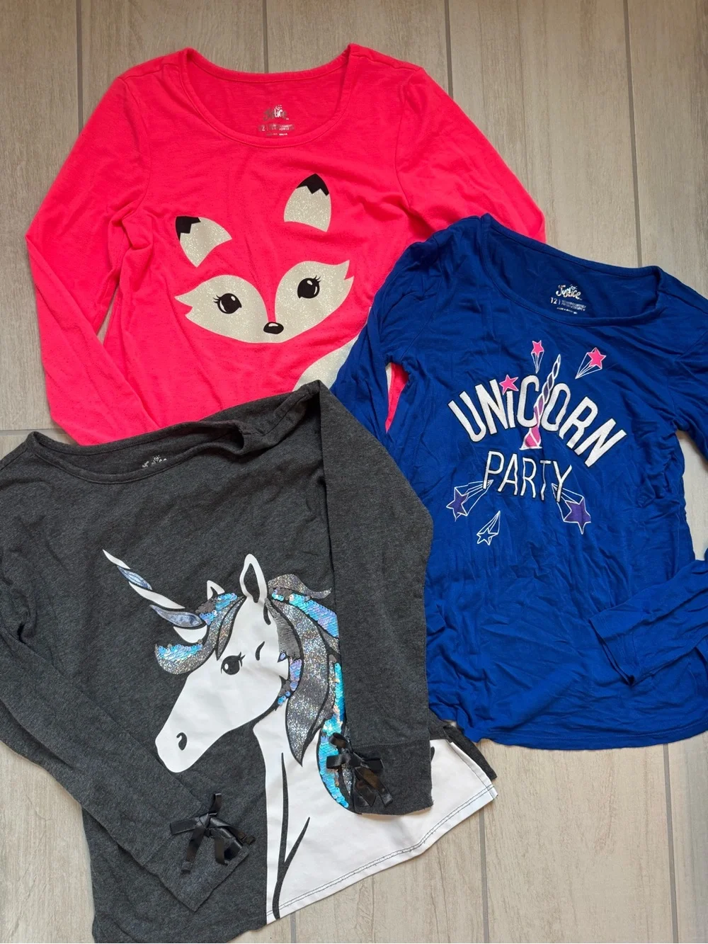 3 piece bundle Justice Girls' Double-Layer Tee in Hot Pink and Charcoal